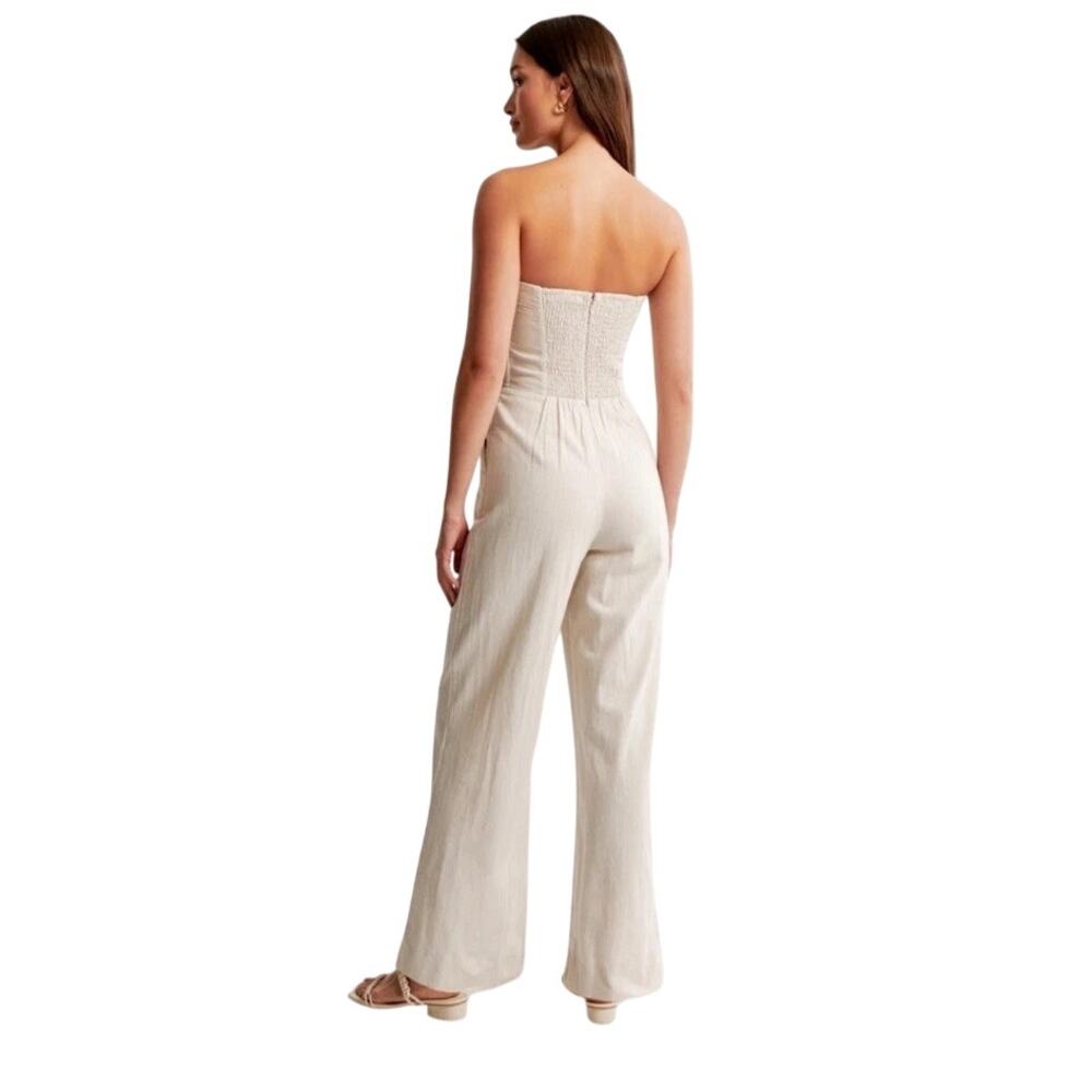 Abercrombie & Fitch Emerson Linen Blend Strapless Jumpsuit Beige Size LP Petite - Picture 2 of 16